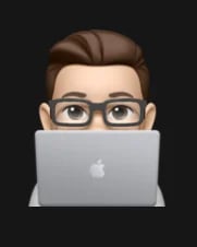 Cartoon illustration of a man with brown hair and glasses working on a silver laptop against a dark background